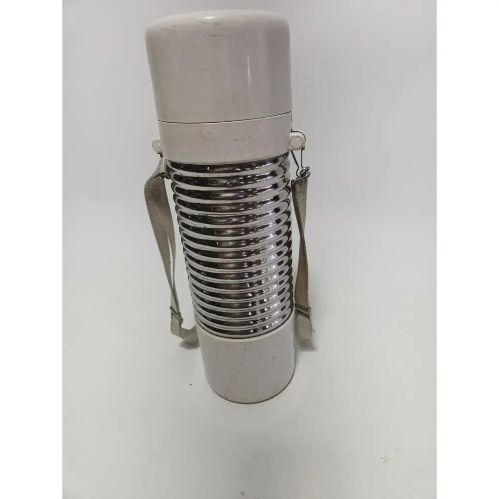 Vintage Nissan Vacuum Flask Thermos White Chrome Insulated Bottle w/ Carry Strap